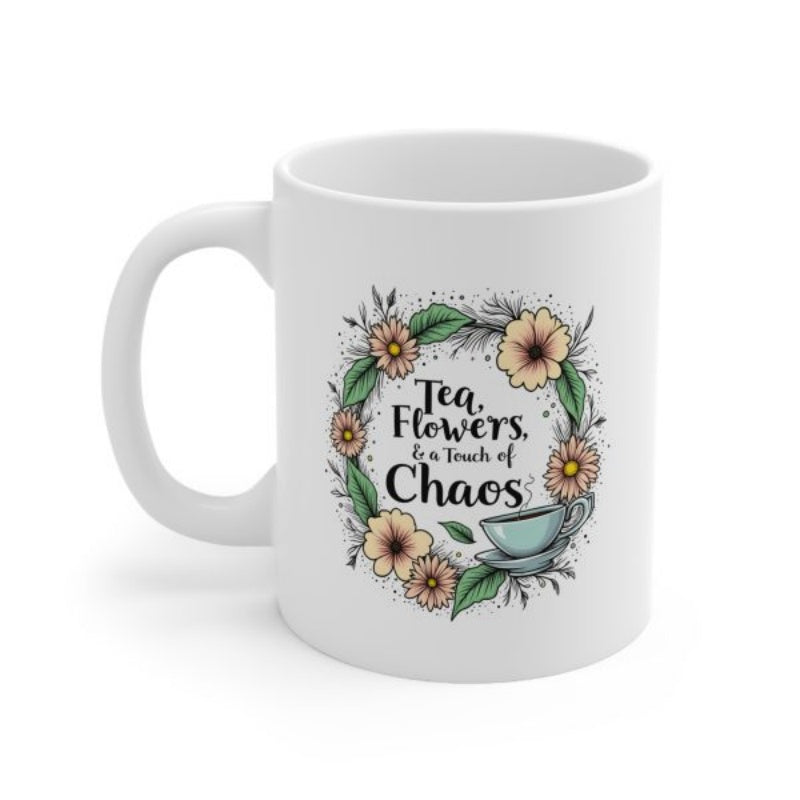 Tailorly White Ceramic 11 oz Mug - Tea Flowers A Touch Of Chaos Blooming Garden Elements Arranged In A Circular Floral Design With Teacup Wreath