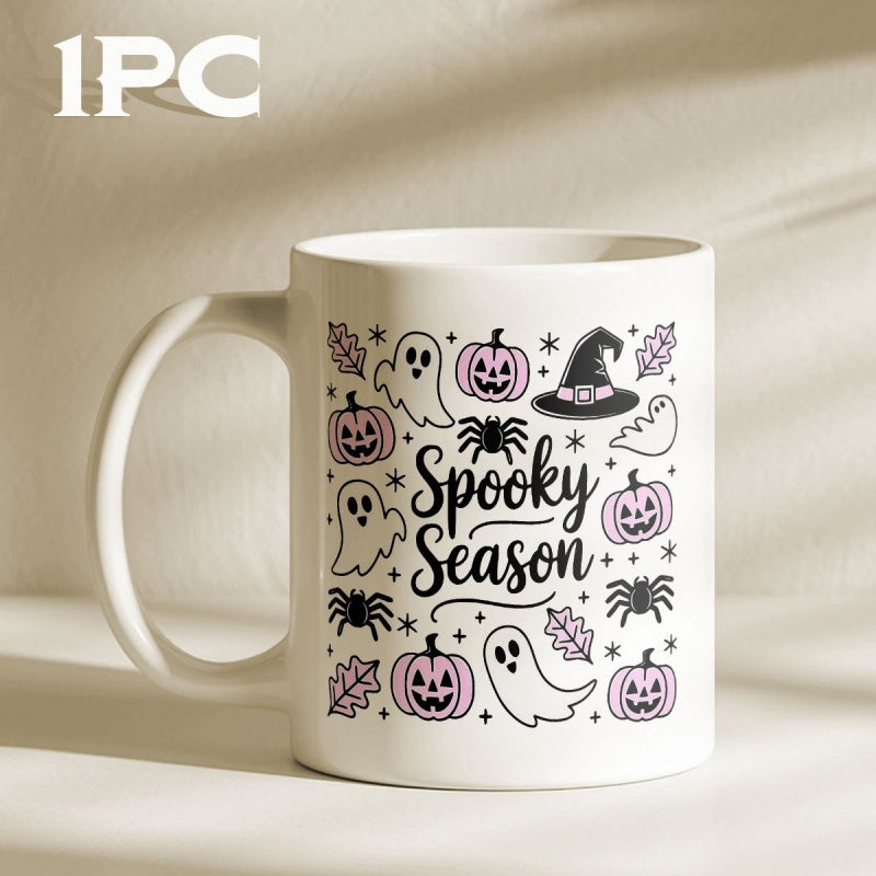 Tailorly White Ceramic 11 oz Mug - Spooky Season Halloween Icons Featuring Ghosts And Pink Pumpkins With Spiders Among Leaves Mug