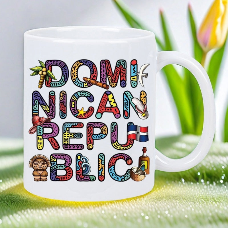 Tailorly White Ceramic 11 oz Mug - Dominican Republic Vibrant Colorful Tropical Elements Featuring Palm Trees And National Flag Mug