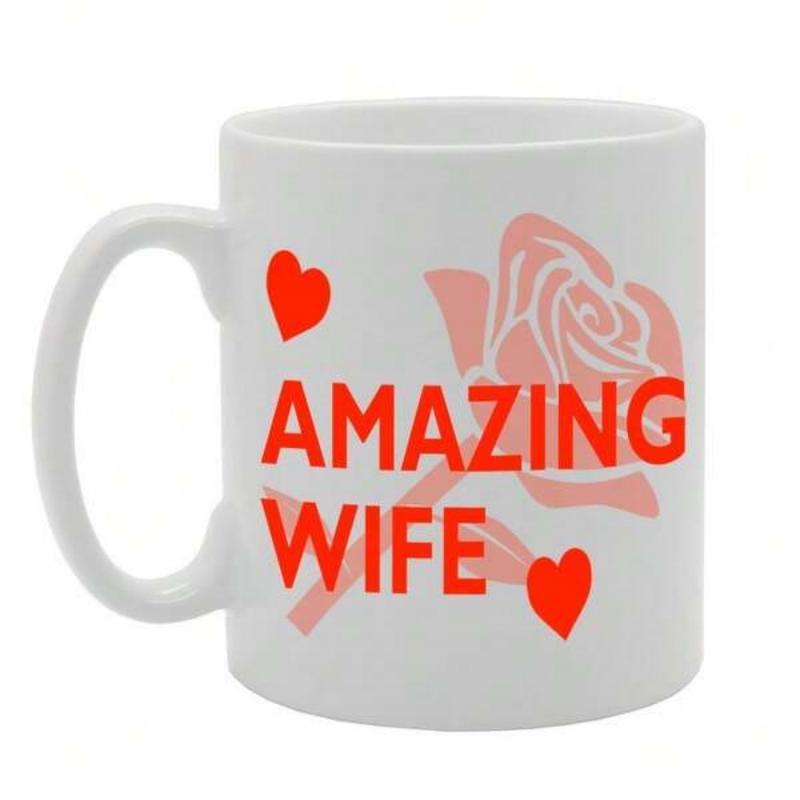 Tailorly White Ceramic 11 oz Mug - Amazing Wife Artistic Pink Rose Background With Tiny Red Hearts And Bold Red Lettering Mug