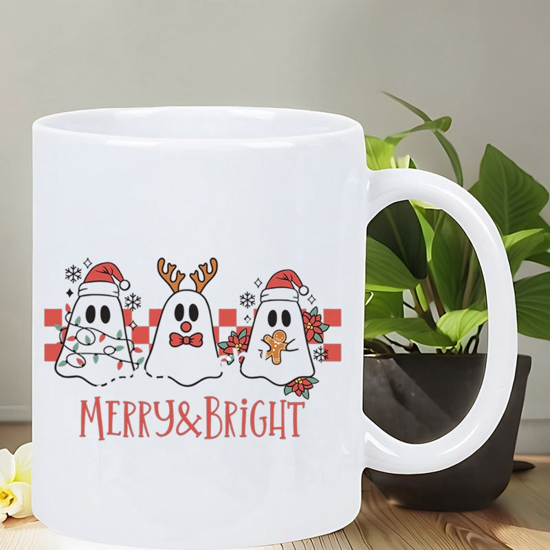Tailorly White Ceramic 11 oz Mug - Merry Bright Festive Trio Of Cute Christmas Characters Among Twinkling Seasonal Decorations Ghost