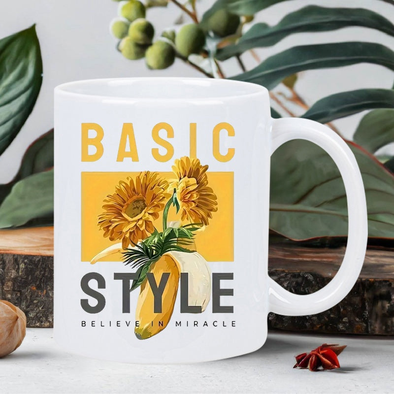 Tailorly White Ceramic 11 oz Mug - Basic Style Believe In Miracle Vibrant Yellow Flowers Emerging From A Peeled Ripe Banana Flower