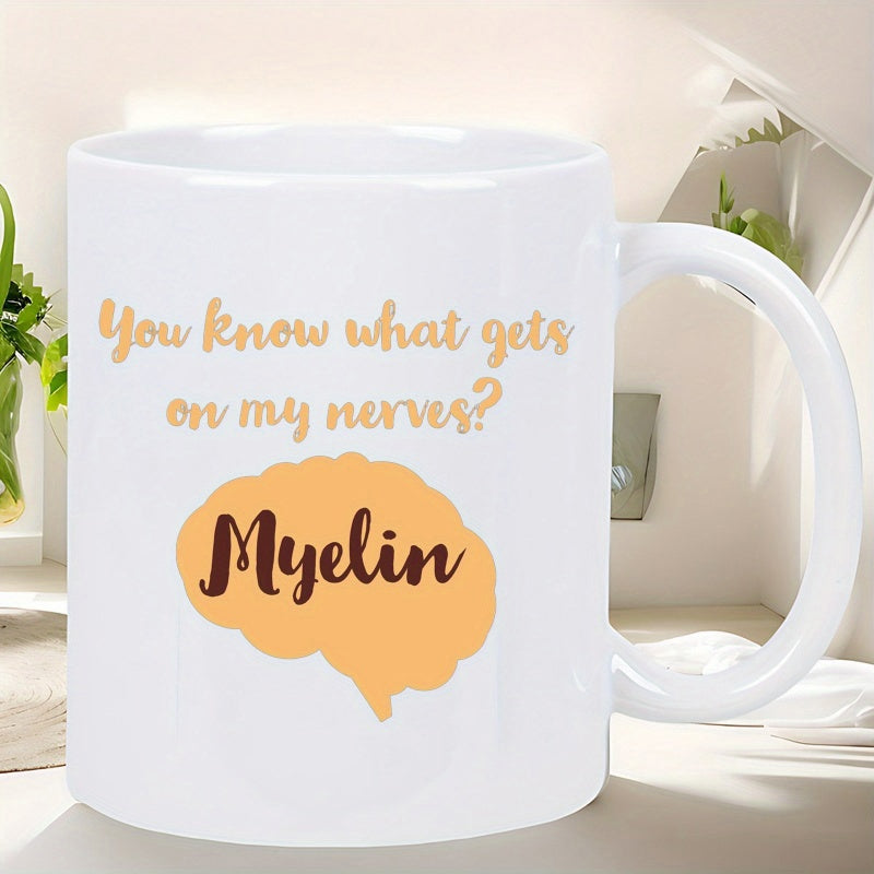 Tailorly White Ceramic 11 oz Mug - You Know What Gets On My Nerves Myelin Simplified Anatomical Orange Silhouette Floating On A Clean White Surface Brain