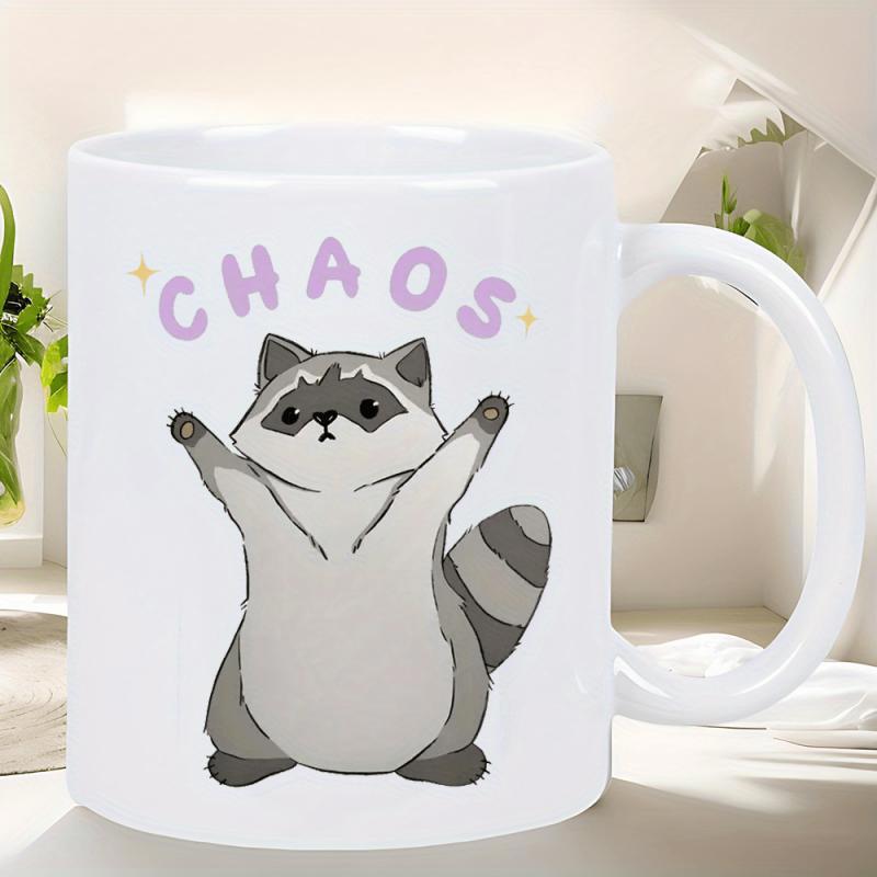 Tailorly White Ceramic 11 oz Mug - Chaos Adorable Chubby Raccoon Standing With Arms Raised Among Tiny Sparkles Raccoon