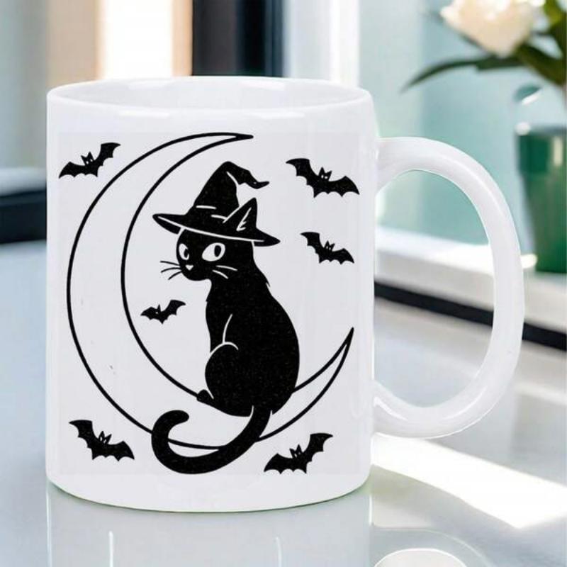Tailorly White Ceramic 11 oz Mug - Mystical Halloween Silhouette Sitting On A Large Shining Crescent Moon Cat