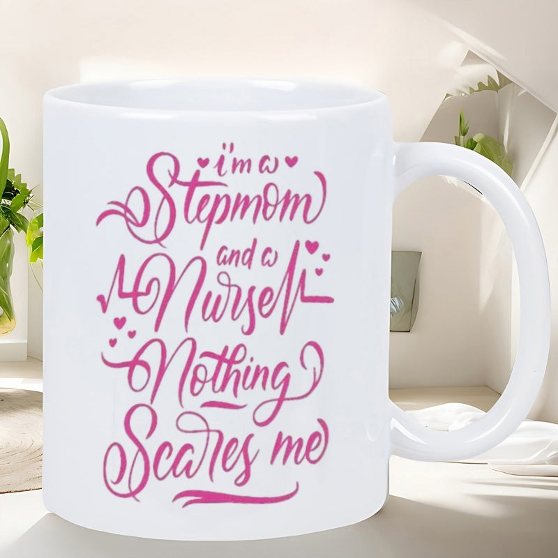 Tailorly White Ceramic 11 oz Mug - Im A Stepmom And A Nurse Nothing Scares Me Decorative Script Typography With Heartbeat Lines And Floating Hearts Mug