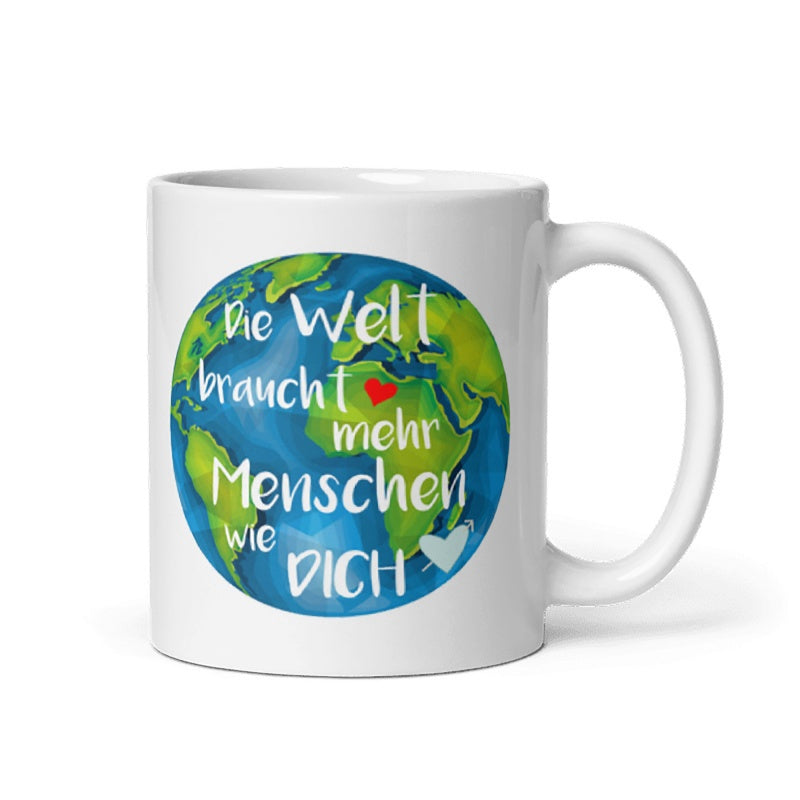 Tailorly White Ceramic 11 oz Mug - Vibrant Colorful Continents And Blue Oceans With Small Hearts On Earth