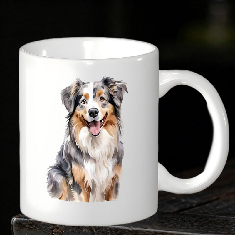 Tailorly White Ceramic 11 oz Mug - Detailed Artistic Watercolor Australian Shepherd Sitting With Fluffy Multi Colored Fur Dog