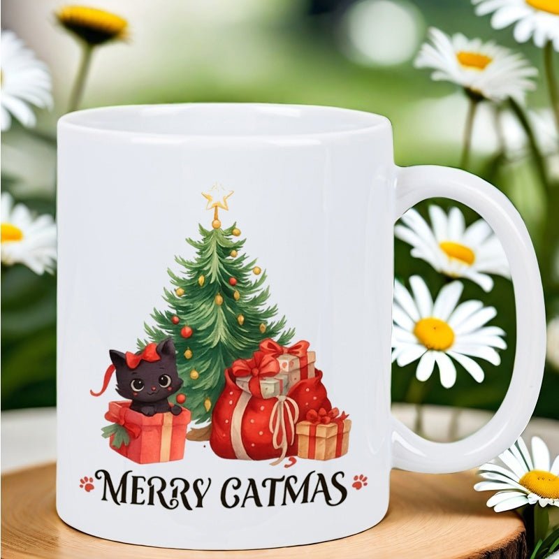 Tailorly White Ceramic 11 oz Mug - Merry Catmas Festive Evergreen Tree With Red Gift Boxes And Tiny Black Kitten Cat