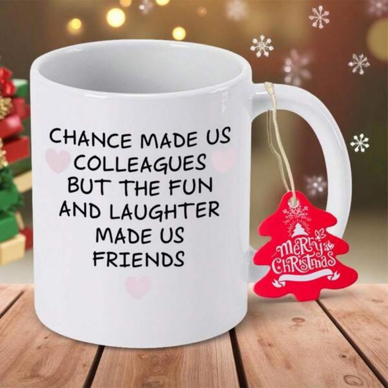 Tailorly White Ceramic 11 oz Mug - Chance Made Us Colleagues But The Fun And Laughter Made Us Friends Minimalist Ceramic Surface Featuring Small Faint Hearts And