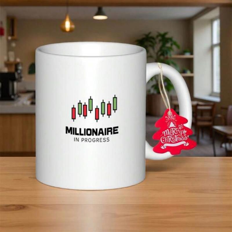 Tailorly White Ceramic 11 oz Mug - Millionaire In Progress Financial Market Analysis With Green And Red Trading Candlestick Chart