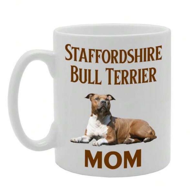 Tailorly White Ceramic 11 oz Mug - Staffordshire Bull Terrier Mom Muscular Brown And White Pet Lying Down With Alert Focused Gaze Dog