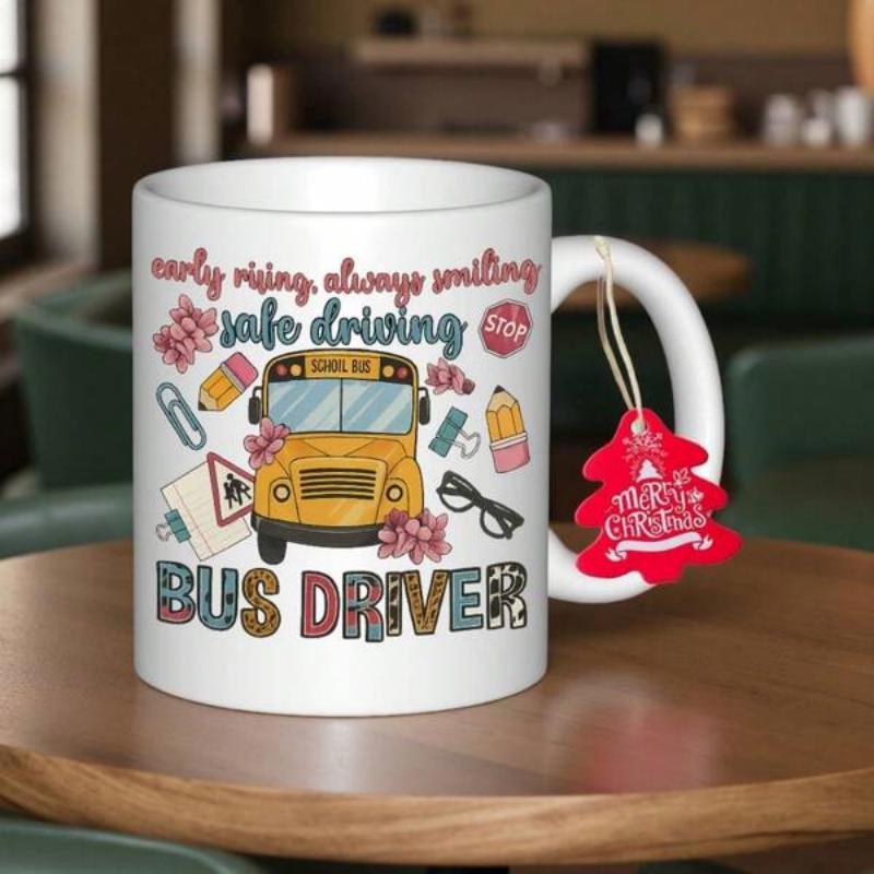 Tailorly White Ceramic 11 oz Mug - Early Rising Always Smiling Safe Driving Bus Driver Vibrant Yellow School Bus Surrounded By Colorful School Supplies And Flowers