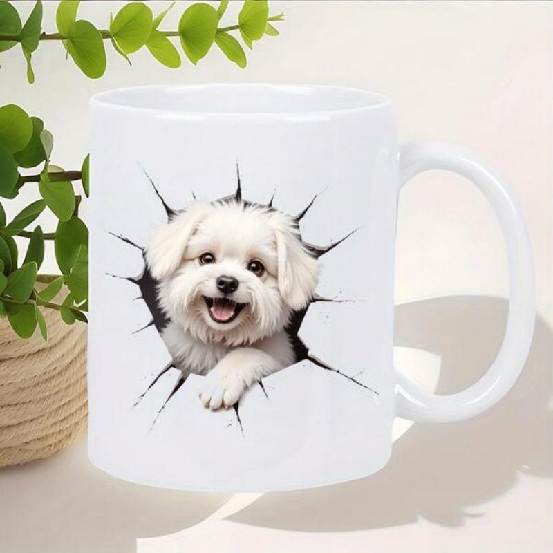 Tailorly White Ceramic 11 oz Mug - Fluffy Little White Puppy Peeking Through A Realistic Black Cracked Surface Dog