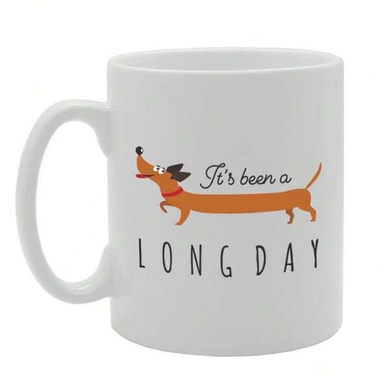 Tailorly White Ceramic 11 oz Mug - Its Been A Long Day Minimalist Cartoon Brown Stretched Dog Wearing Red Collar Running Dachshund
