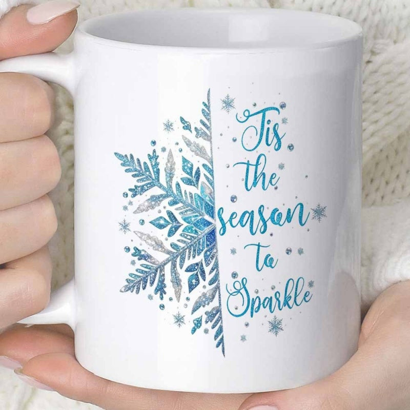 Tailorly White Ceramic 11 oz Mug - Tis The Season To Sparkle Intricate Blue Half Geometric Pattern Among Delicate Winter Ice Crystals Snowflake