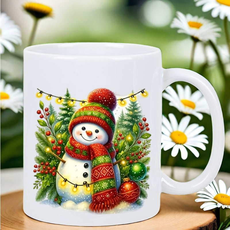 Tailorly White Ceramic 11 oz Mug - Festive Winter Scene With Glowing Lights Pine Trees And Red Scarf Snowman