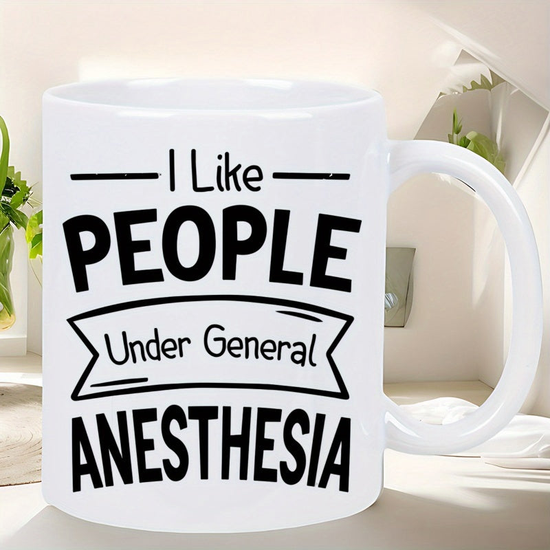 Tailorly White Ceramic 11 oz Mug - I Like People Under General Anesthesia Minimalist Bold Black Typography With Decorative Ribbon And Stylized Lines Mug