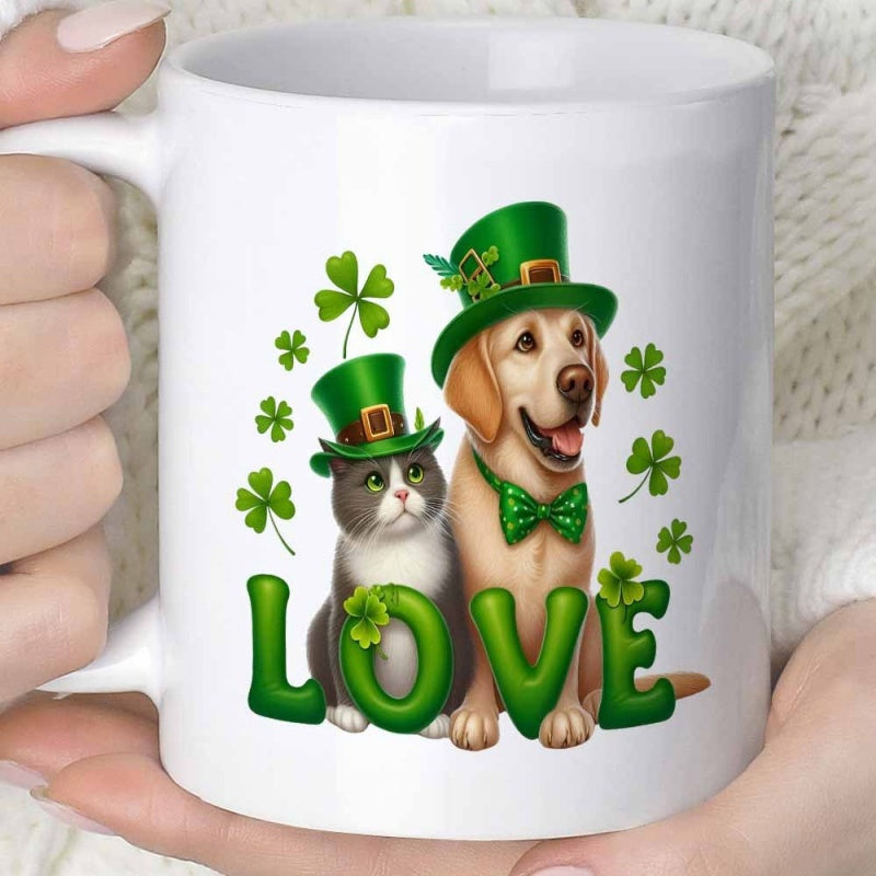 Tailorly White Ceramic 11 oz Mug - Love Festive St Patricks Day Animals Wearing Green Hats Among Clovers Pets