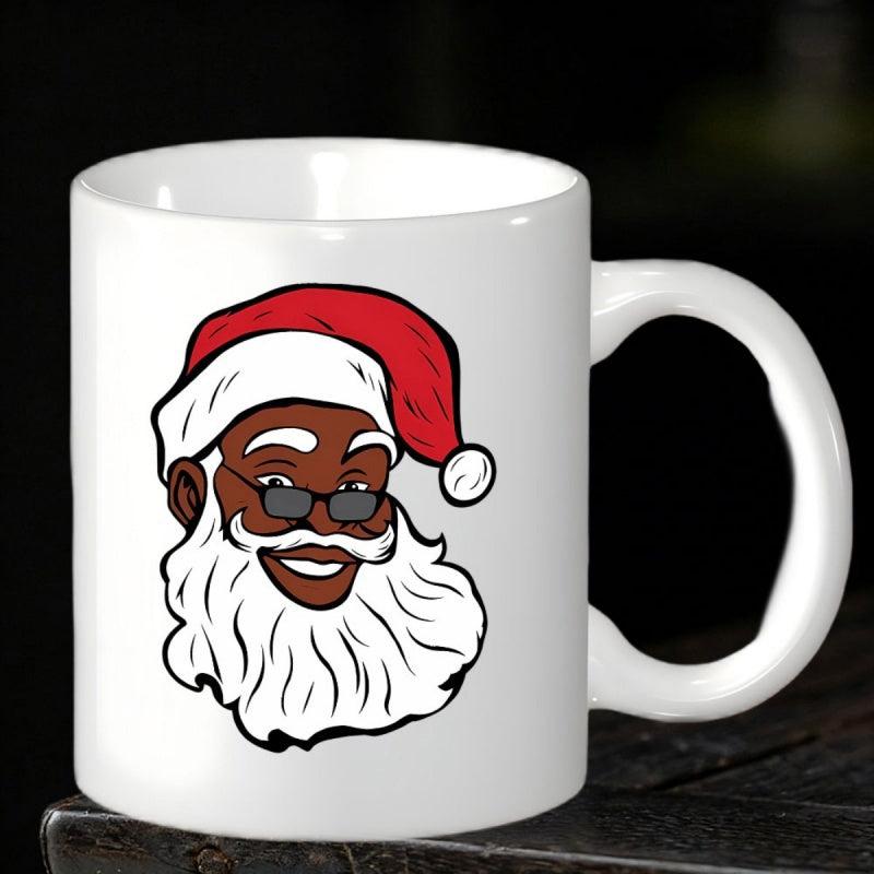 Tailorly White Ceramic 11 oz Mug - Cheerful Smiling African American Wearing Classic Red Hat Santa