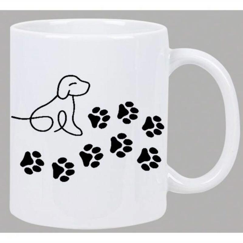 Tailorly White Ceramic 11 oz Mug - Minimalist Line Drawing Of Sitting Puppy With Multiple Paw Prints Trail Dog
