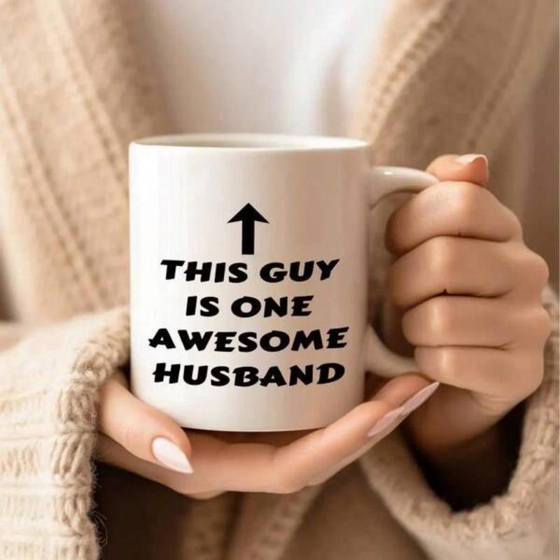 Tailorly White Ceramic 11 oz Mug - This Guy Is One Awesome Husband Minimalist White Ceramic With Bold Black Text And Upward Arrow Mug