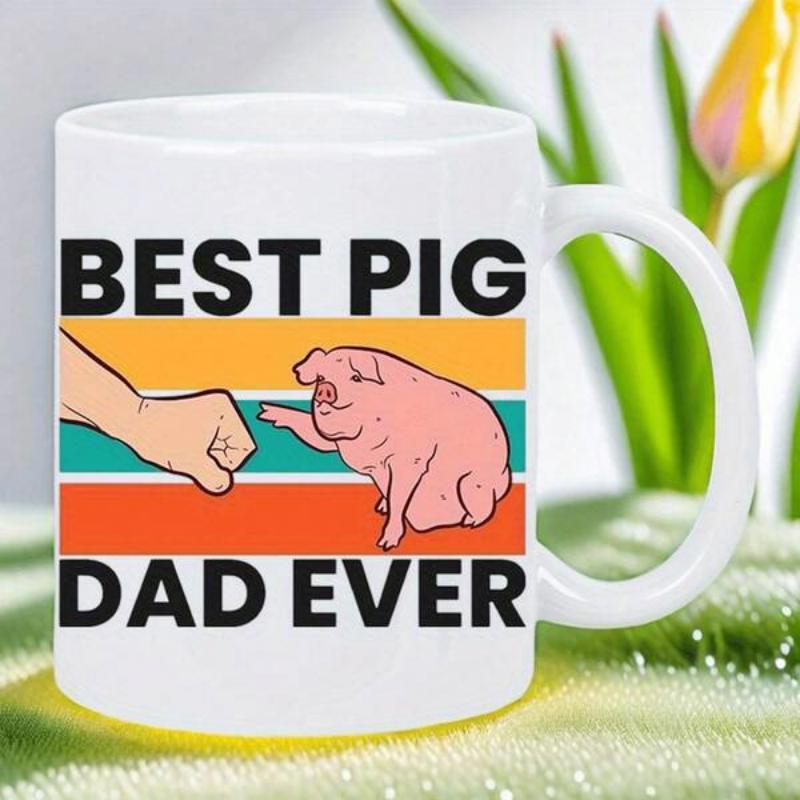 Tailorly White Ceramic 11 oz Mug - Best Pig Dad Ever Retro Sunset Background With Human Hand Bumping Tiny Hoof Pink Pig