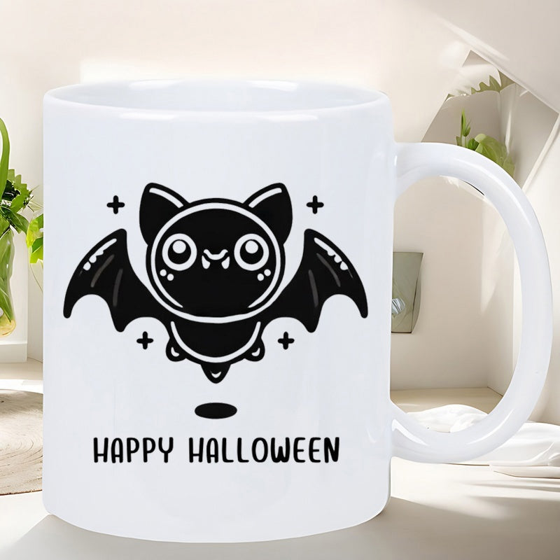 Tailorly White Ceramic 11 oz Mug - Happy Halloween Adorable Cartoon Character With Wide Wings And Floating Magical Stars Bat