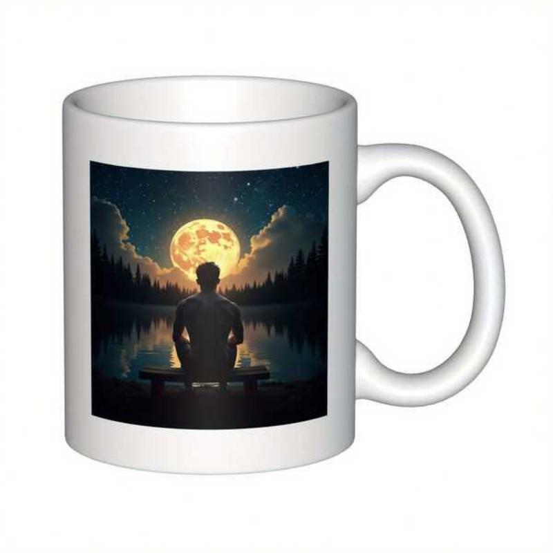 Tailorly White Ceramic 11 oz Mug - Lonely Man Sitting Under Glowing Full Moon By The Still Lake Silhouette