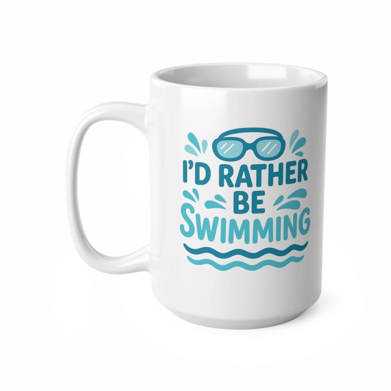 Tailorly White Ceramic 11 oz Mug - Id Rather Be Swimming Cartoon Style Goggles With Blue Water Drops And Waves Goggles