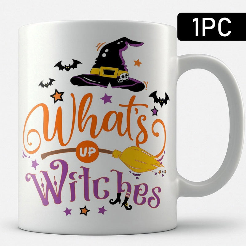 Tailorly White Ceramic 11 oz Mug - Whats Up Witches Whimsical Halloween Illustration With Flying Bats And Golden Magic Broomstick Witch