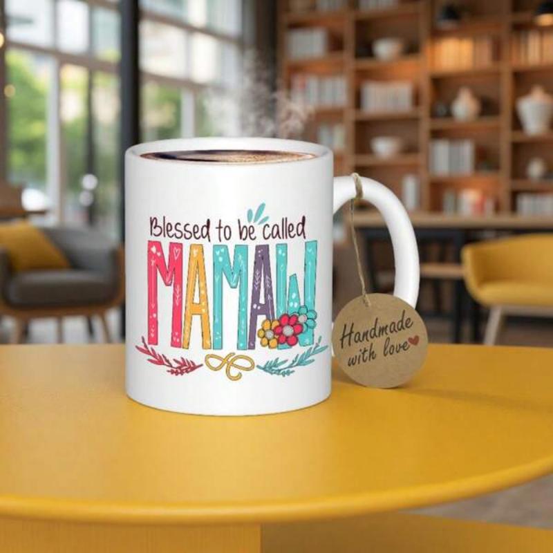 Tailorly White Ceramic 11 oz Mug - Blessed To Be Called Mamaw Vibrant Rainbow Stripes Featuring Delicate Floral Blossoms And Decorative Leaf Branches Mug