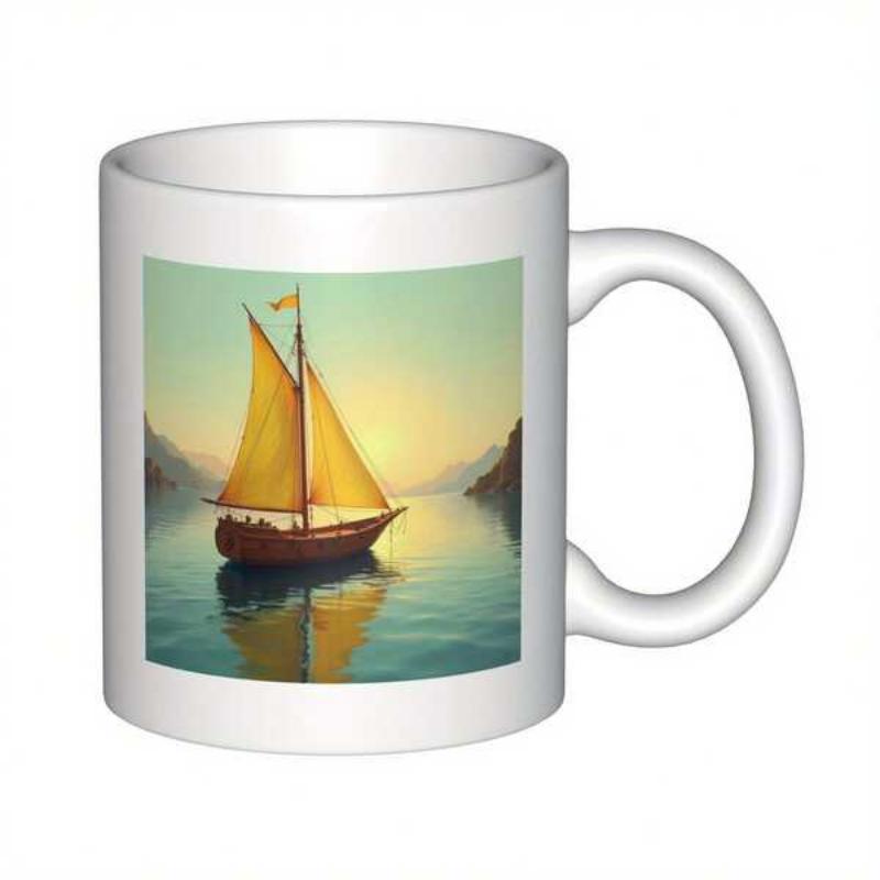 Tailorly White Ceramic 11 oz Mug - Serene Golden Sunset Over Calm Waters Featuring A Majestic Traditional Wooden Sailboat