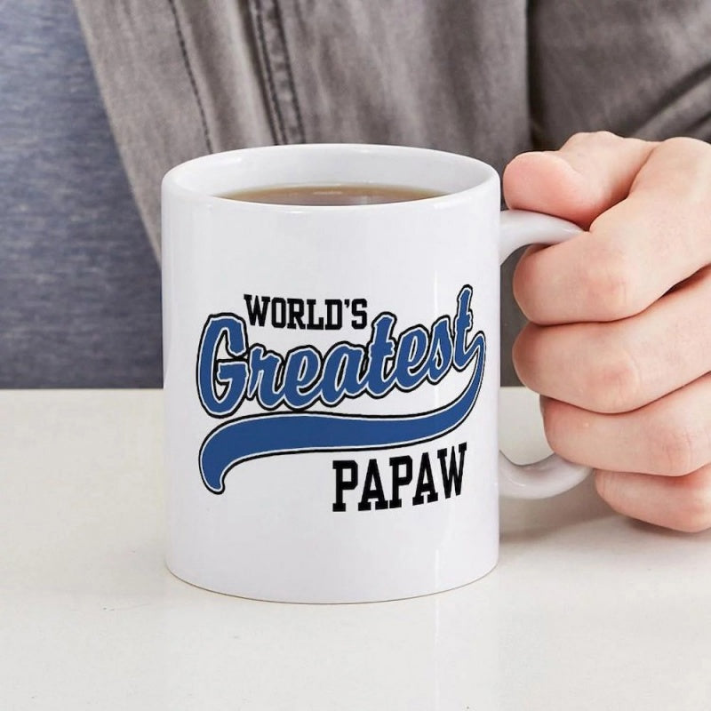Tailorly White Ceramic 11 oz Mug - Worlds Greatest Papaw Stylized Blue Script With Decorative Tail And Bold Black Serif Text Mug