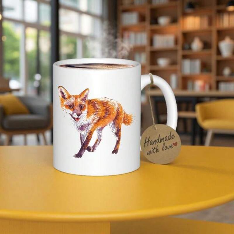 Tailorly White Ceramic 11 oz Mug - Handmade With Love Artistic Watercolor Painting Of A Cute Wild Orange Fox