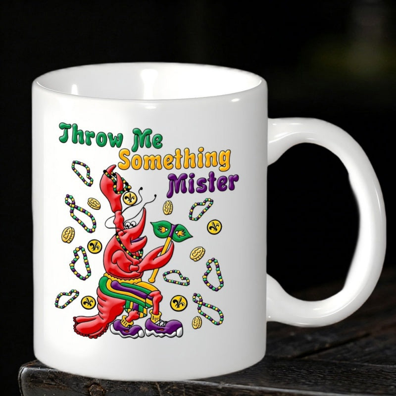 Tailorly White Ceramic 11 oz Mug - Throw Me Something Mister Festive Cartoon Roller Skating Character Holding Mask Surrounded By Shiny Beads Crawfish