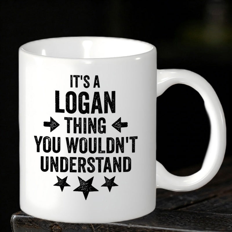 Tailorly White Ceramic 11 oz Mug - Its A Logan Thing You Wouldnt Understand Arrows And Stars Surrounding Bold Black Typography Pattern Mug