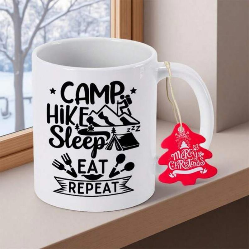 Tailorly White Ceramic 11 oz Mug - Camp Hike Sleep Eat Repeat Simple Black Outdoor Icons Featuring Mountains And Tents With Camping Utensils Mountains