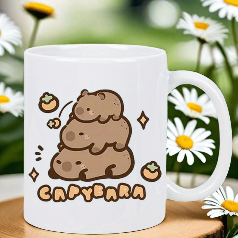 Tailorly White Ceramic 11 oz Mug - Capybara Cute Stacked Cartoon Creatures Featuring Small Round Fruits And Sparkles Capybara