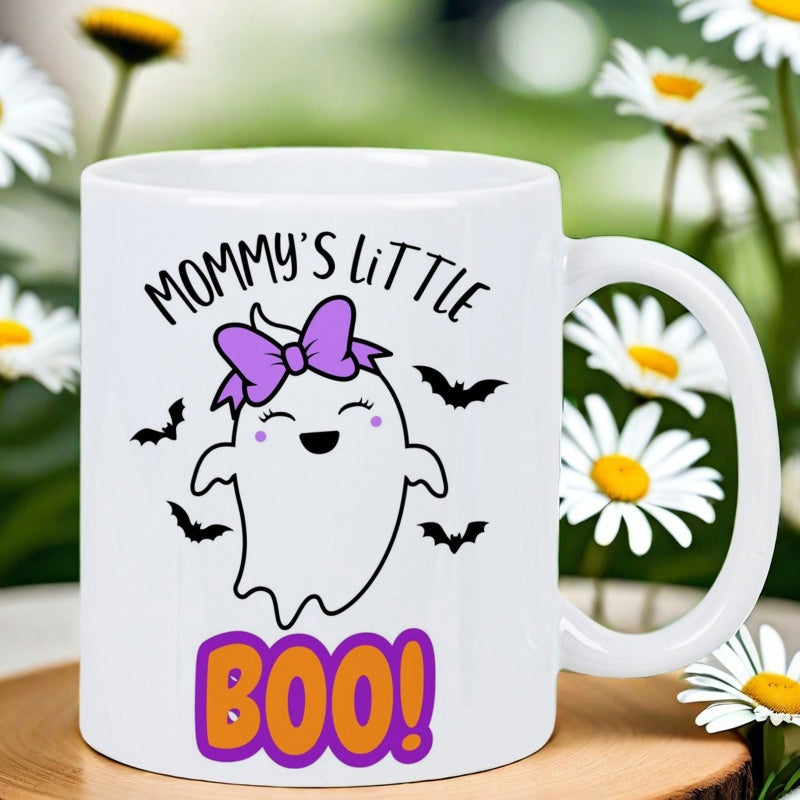 Tailorly White Ceramic 11 oz Mug - Mommy's Little Boo Adorable Cartoon Ghost Wearing A Purple Bow Surrounded By Small Flying Bats Ghost
