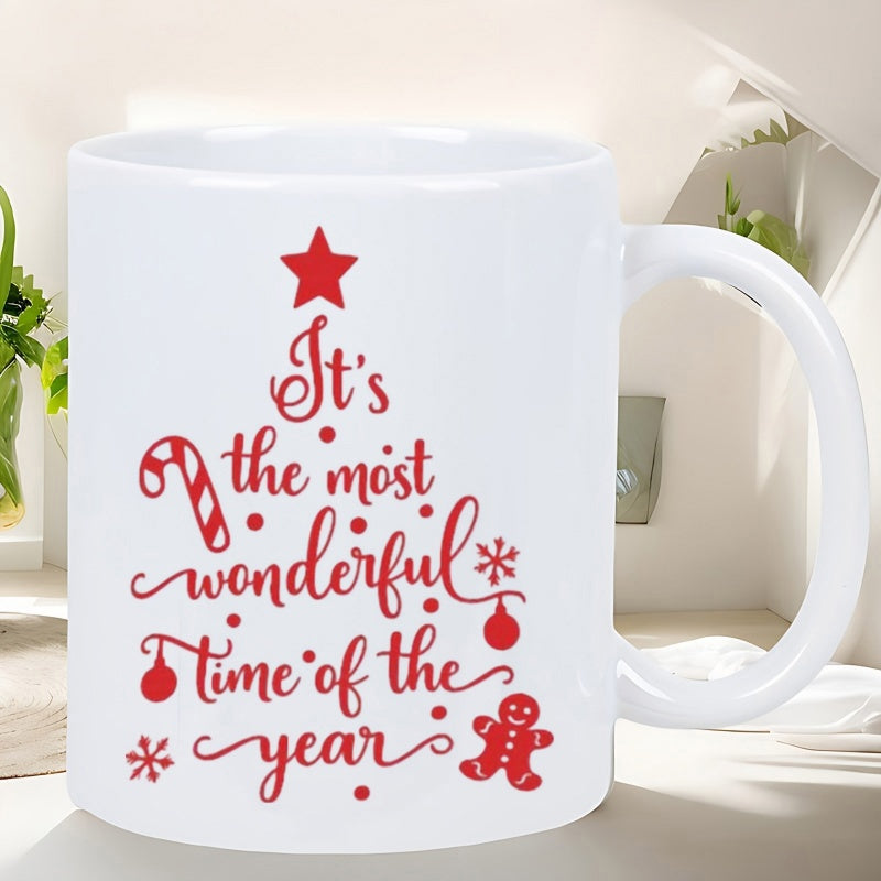 Tailorly White Ceramic 11 oz Mug - Its The Most Wonderful Time Of The Year Festive Red Icons Including Star Ornaments And Gingerbread Man Shaping A Christmas Tree
