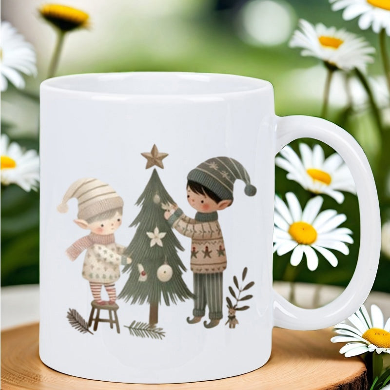 Tailorly White Ceramic 11 oz Mug - Two Cute Children Decorating A Festive Pine Tree With Golden Stars Christmas Tree