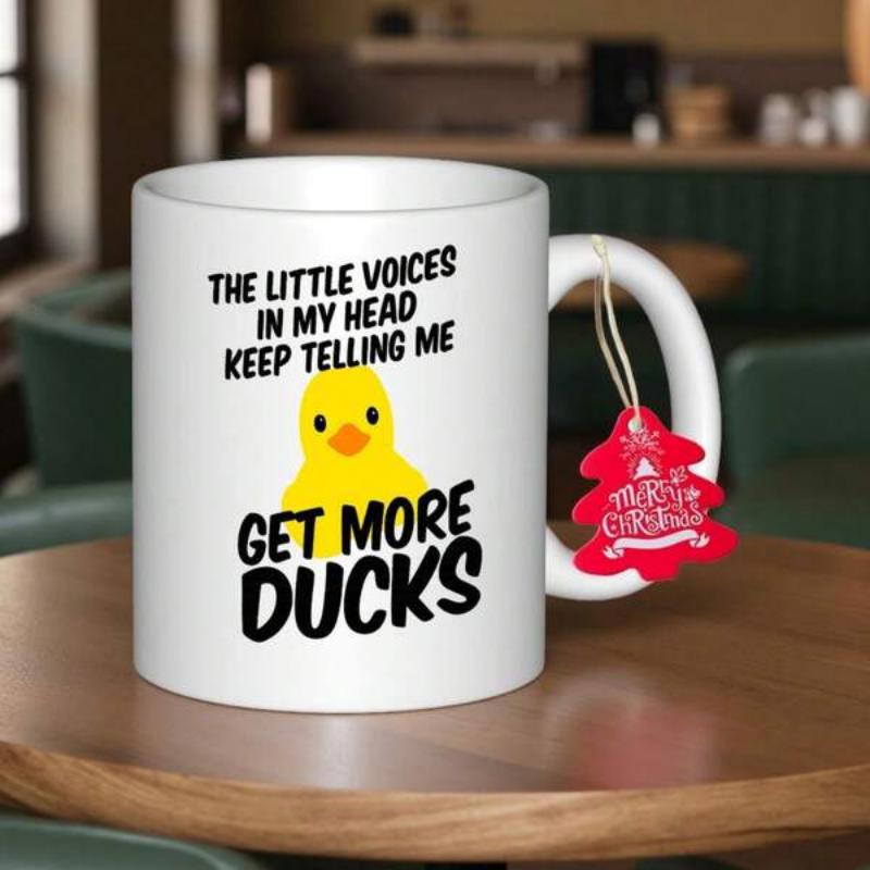 Tailorly White Ceramic 11 oz Mug - The Little Voices In My Head Keep Telling Me Get More Ducks Cute Yellow Duckling Head Centered Within Humorous Black Typography