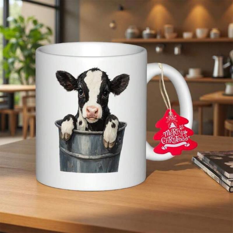Tailorly White Ceramic 11 oz Mug - Merry Christmas Adorable Black And White Calf Peeking From Inside A Rustic Metal Bucket Calf