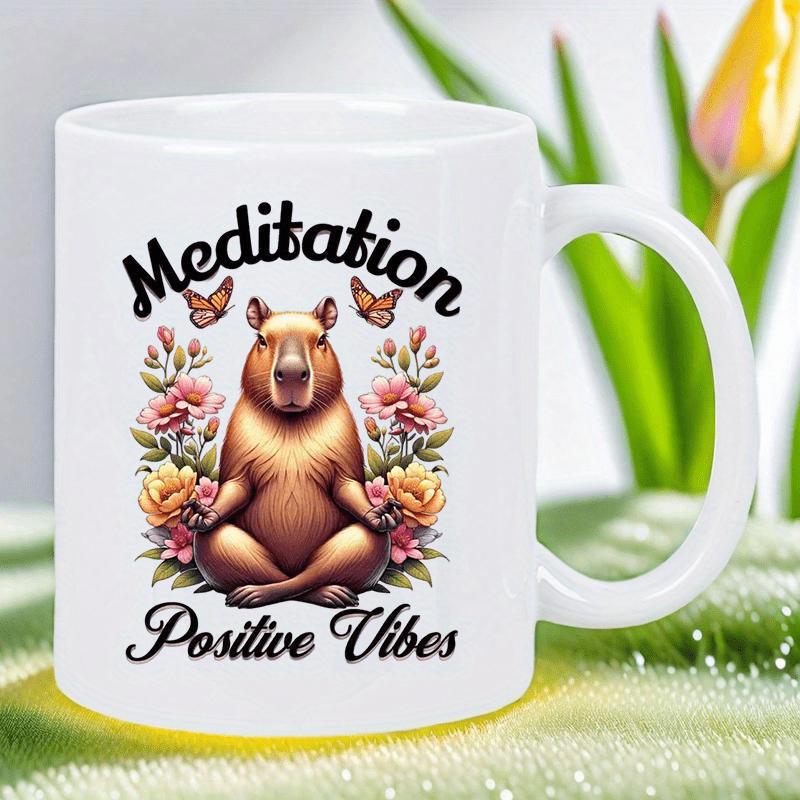 Tailorly White Ceramic 11 oz Mug - Meditation Positive Vibes Sitting Peacefully In Cross Legged Meditation Pose Surrounded By Flowers Capybara