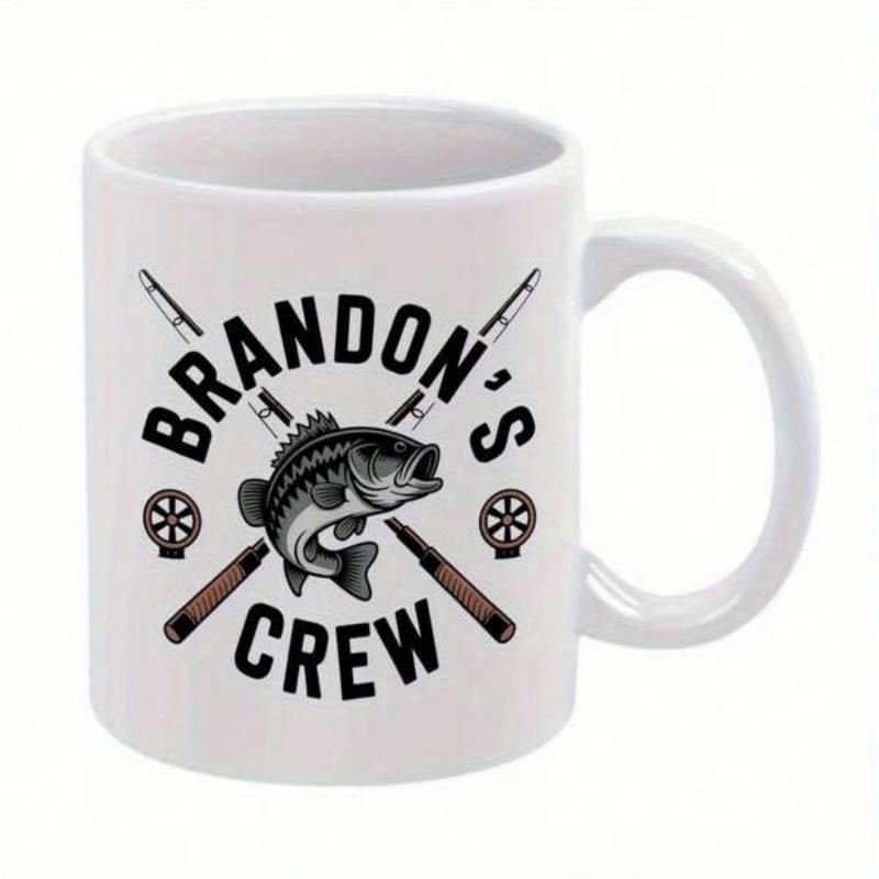 Tailorly White Ceramic 11 oz Mug - Brandons Crew Crossed Fishing Rods With Reels Surrounding A Jumping Largemouth Bass