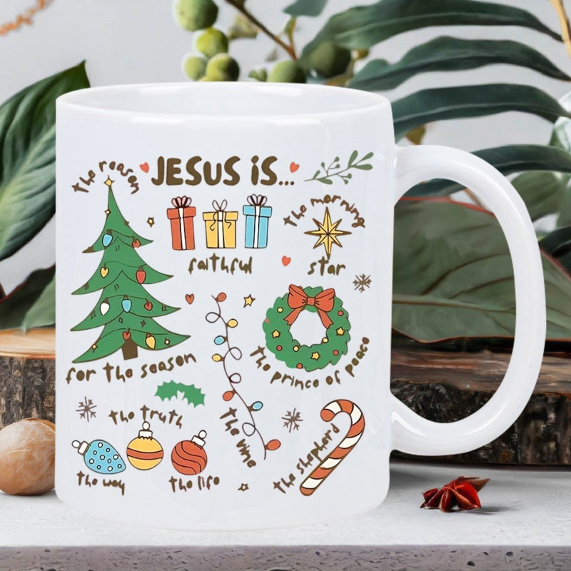 Tailorly White Ceramic 11 oz Mug - Jesus Is The Reason For The Season Hand Drawn Colorful Religious Icons Featuring A Christmas Mug