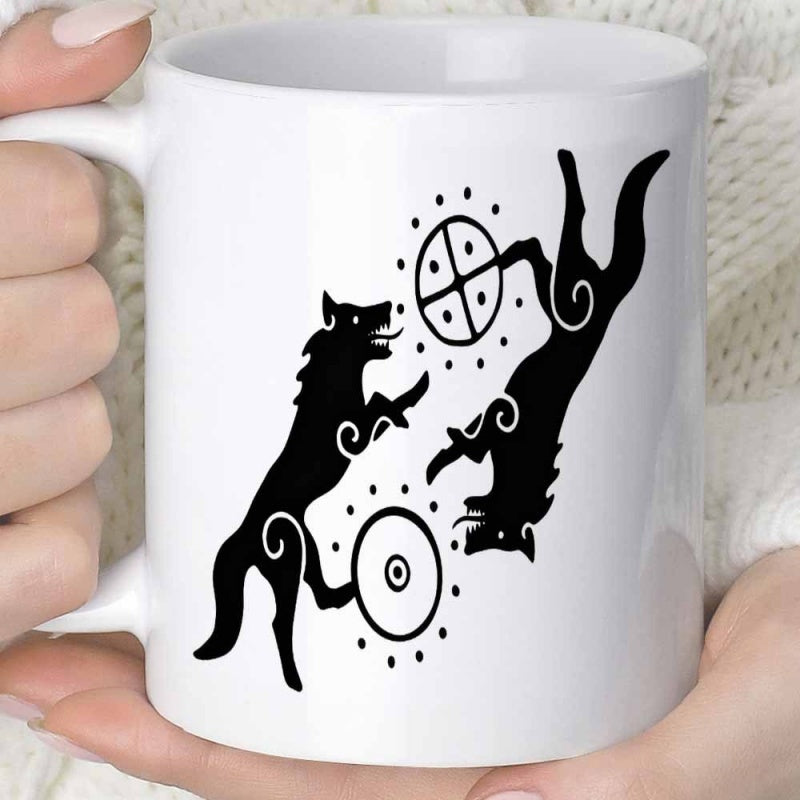 Tailorly White Ceramic 11 oz Mug - Norse Mythology Skoll And Hati Chasing Celestial Sun Moon Wolf