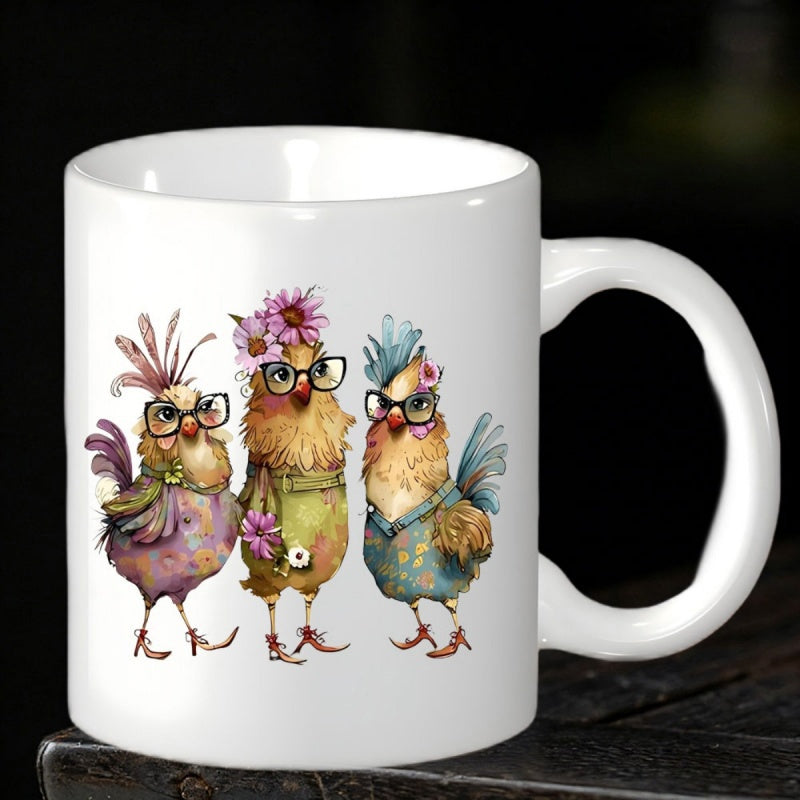 Tailorly White Ceramic 11 oz Mug - Whimsical Hand Painted Farmhouse Style Hens Wearing Glasses And Decorative Flowers Chickens