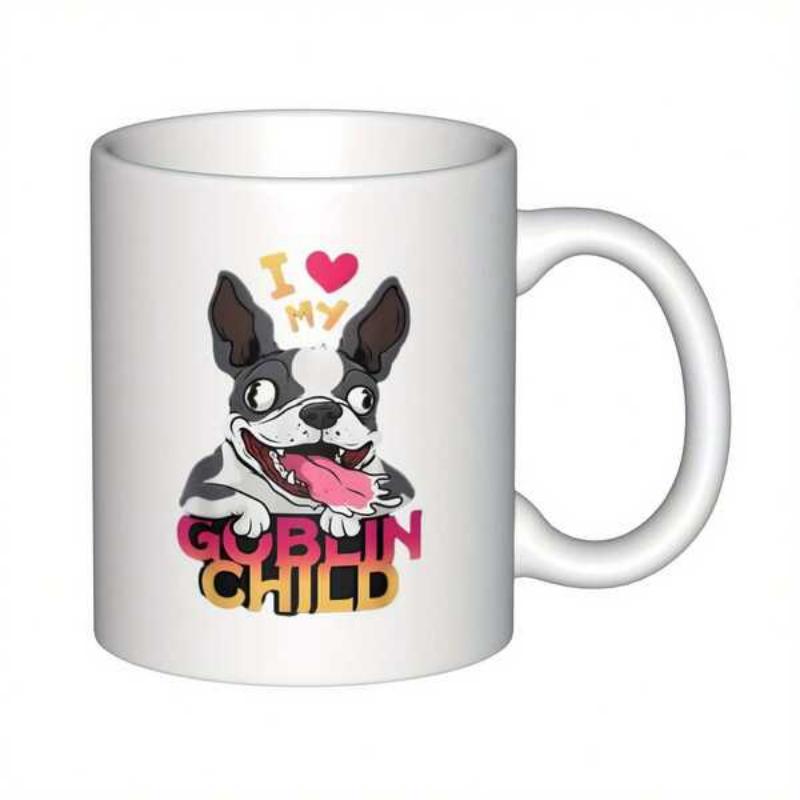 Tailorly White Ceramic 11 oz Mug - I My Goblin Child Cheerful Cartoon Boston Terrier With Playful Heart Motif Design Dog